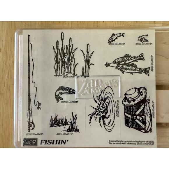 STAMPIN UP FISHIN Unmounted 9 Rubber Stamps Pole Kreel Water Scene Fishing NEW - Picture 2 of 4
